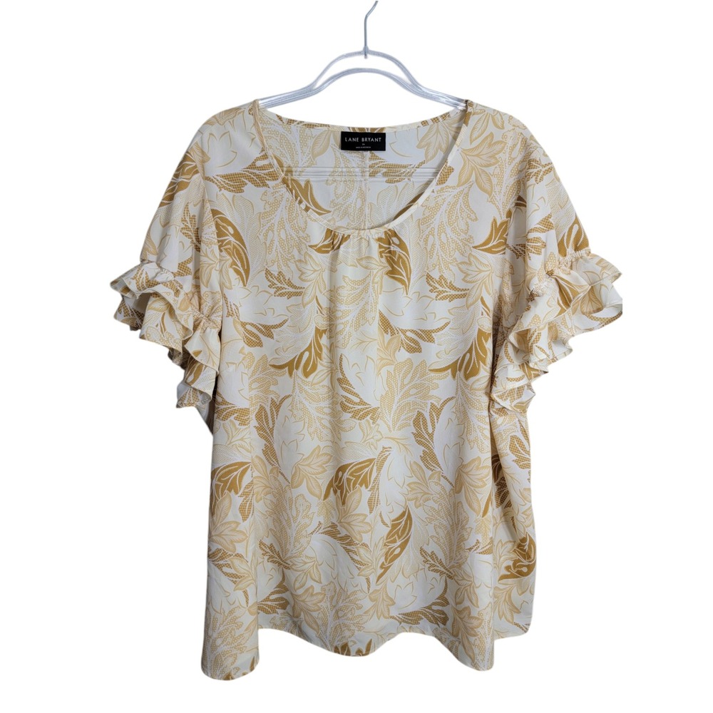 Lane Bryant Womens Plus Size 26 Blouse Gold Cream Tropical Leaf Ruffle Sleeve
